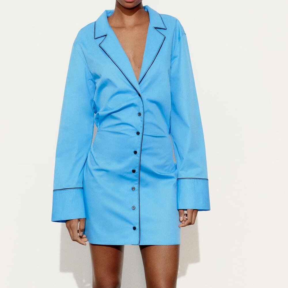 Blue Button-Front Blazer Dress